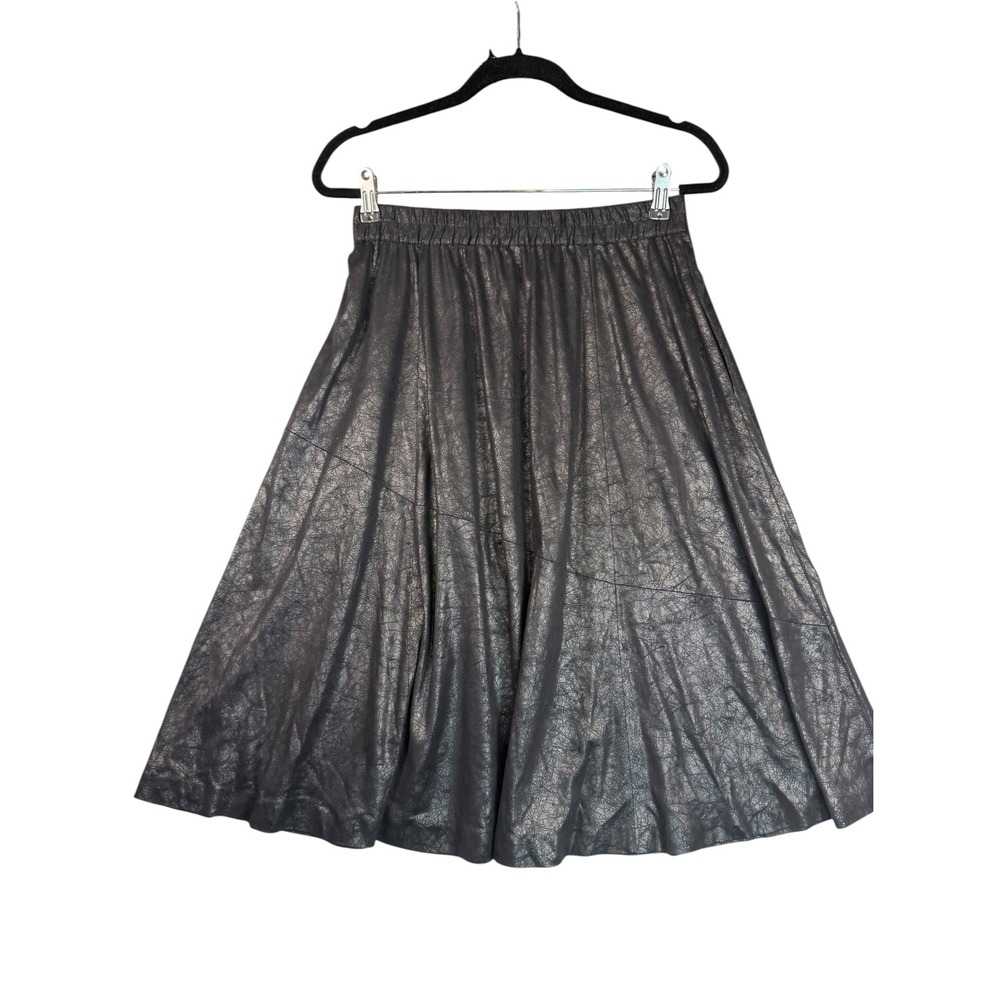 Tildon Metallic Black Crackle Faux Leather Midi Skirt Elastic Waist Pockets S